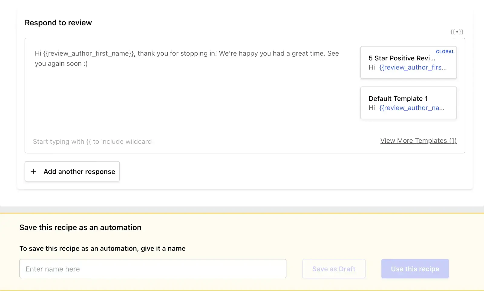 Review-response editor showing a five-star template with a reviewer-name wildcard, template cards, Add another response, and automation naming controls.