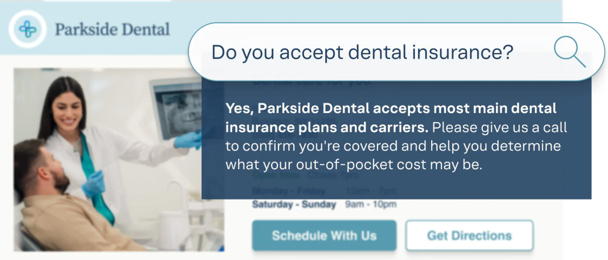 Parkside Dental page answering “Do you accept dental insurance?” with “most main dental insurance plans and carriers” and advice to call about coverage and costs.