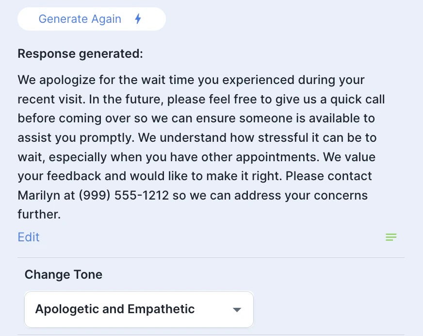 RightResponse AI response that acknowledges the wait, suggests calling ahead, and provides a customer recovery contact.