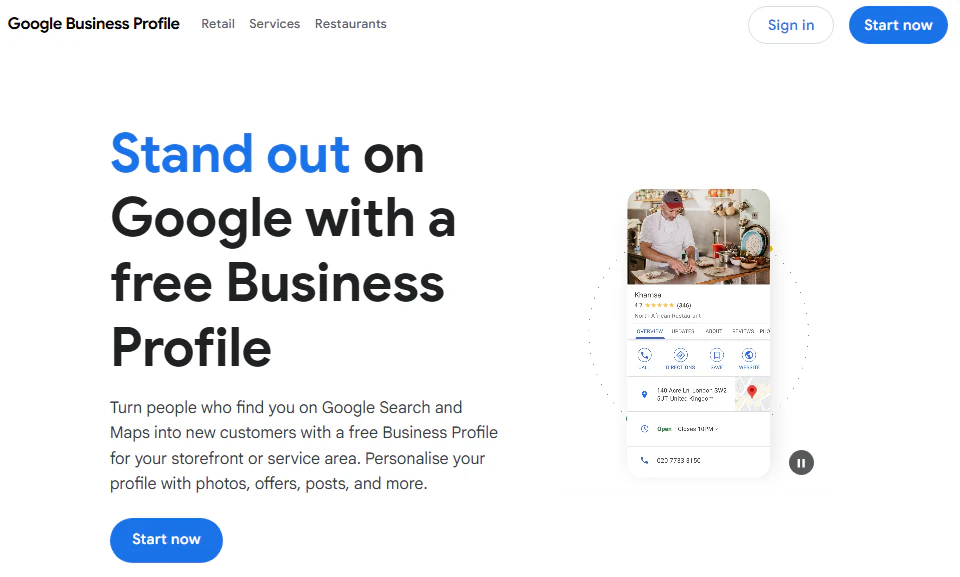 Google Business Profile page showing a free business listing and a mobile profile preview.