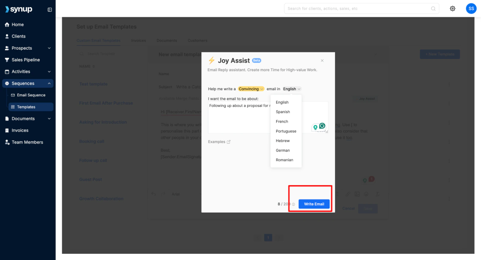 Synup Joy Assist Beta email-writing modal with tone controls, a seven-language menu, prompt field, and Write Email button.