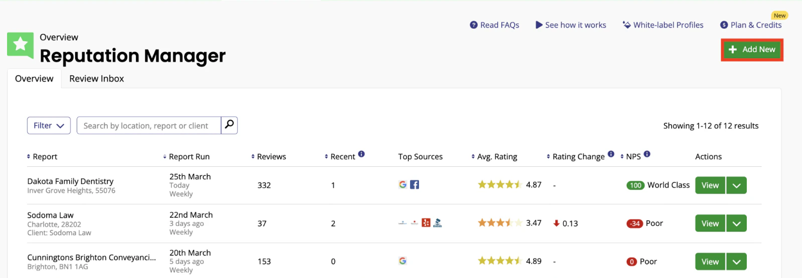 BrightLocal Reputation Manager overview listing reports with review counts, sources, average ratings, rating changes, NPS, and View actions.