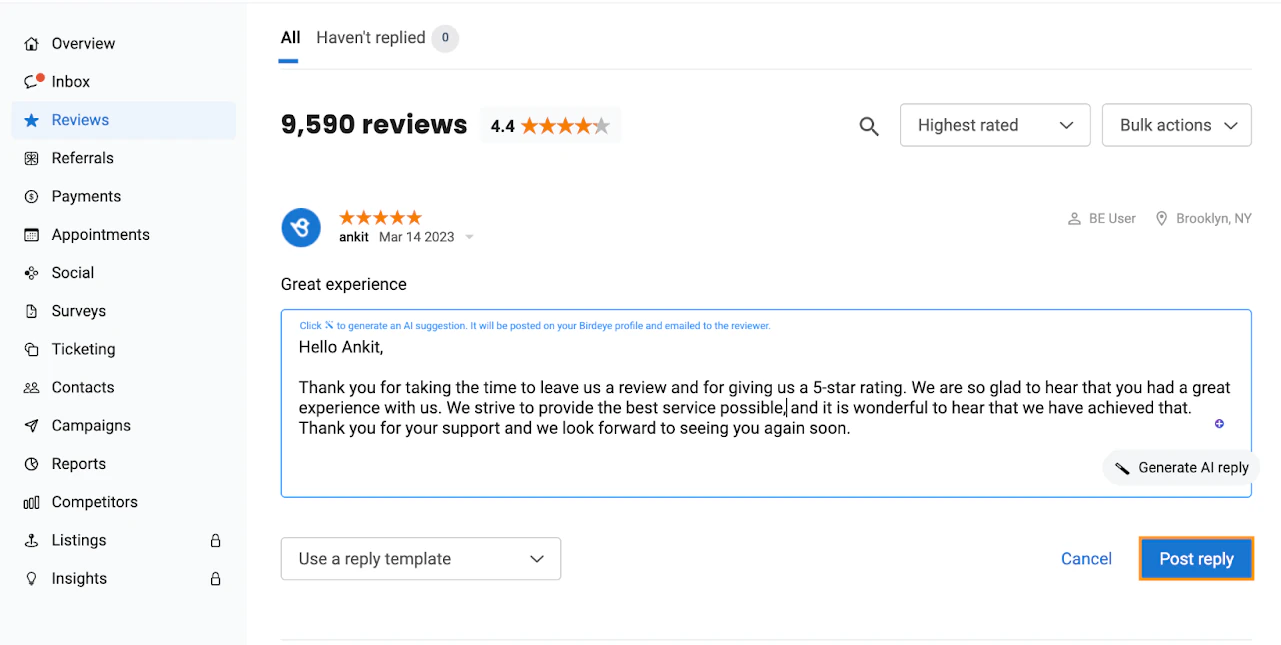 Birdeye Reviews dashboard showing 9,590 reviews, a 4.4 rating, a five-star review, an AI-generated reply, and a Post reply button.