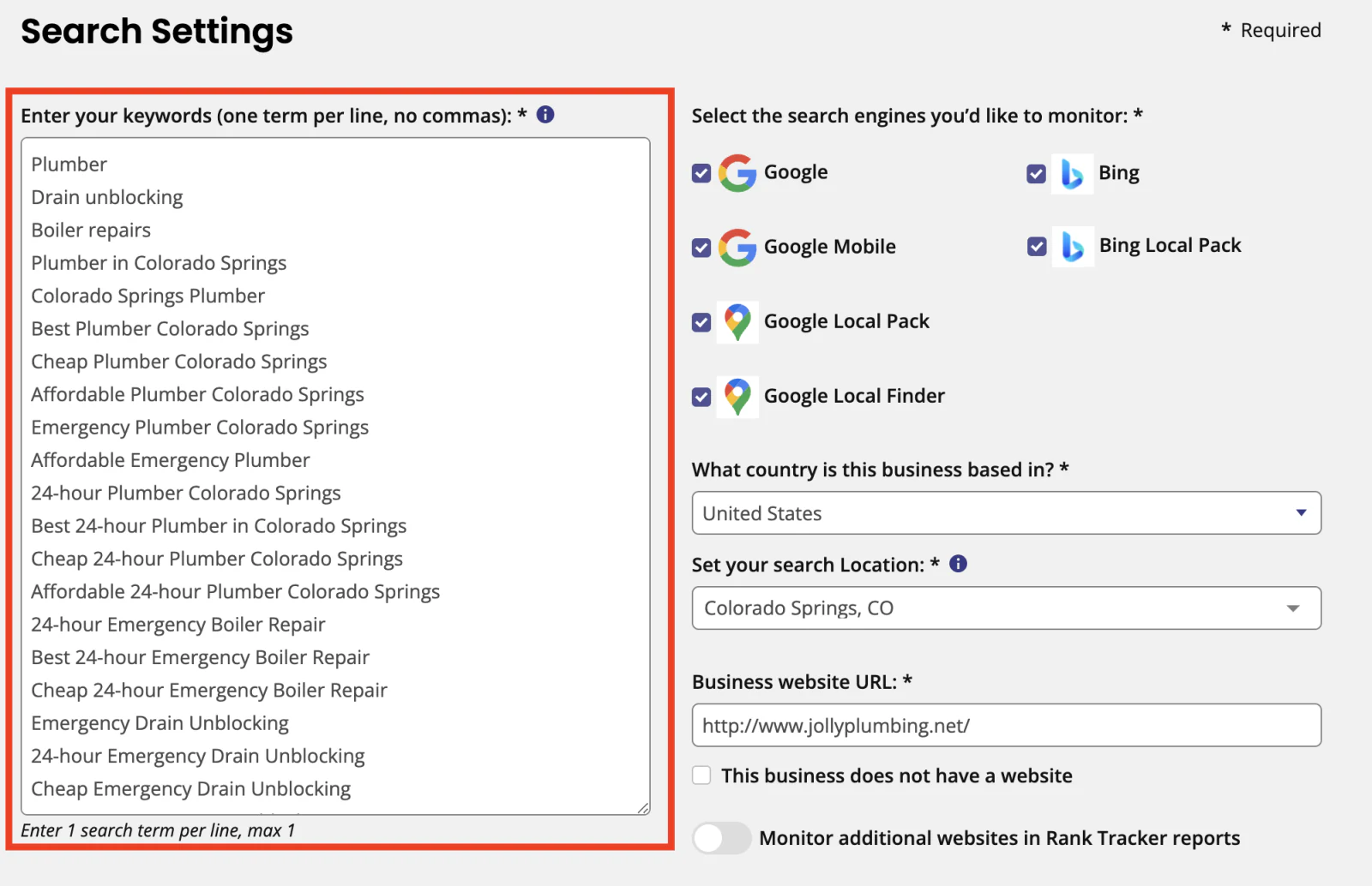 BrightLocal search settings with a multiline keyword list, Google and Bing search-engine options, Colorado Springs location, and website URL.