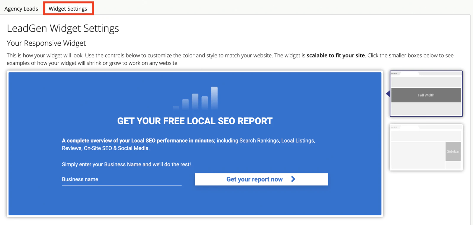 BrightLocal LeadGen Widget Settings with a blue local SEO report form preview and selectable full-width or sidebar layouts.