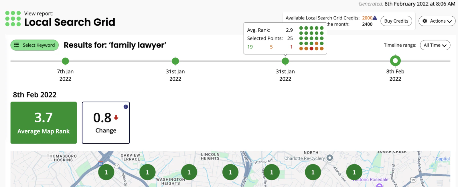 BrightLocal Local Search Grid report for “family lawyer,” showing a 3.7 average map rank, 0.8 decline, timeline, and map ranking points.