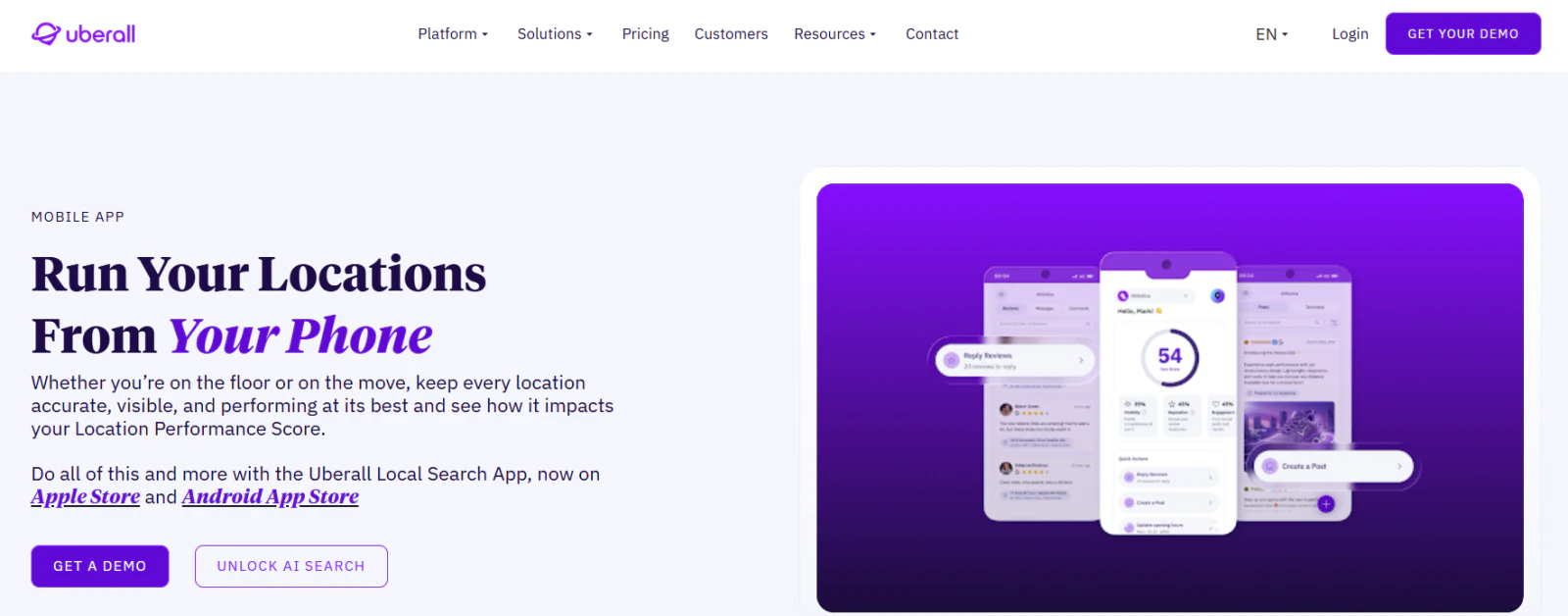 Uberall mobile app page with phone mockups, the headline “Run Your Locations From Your Phone,” and demo and AI search buttons.