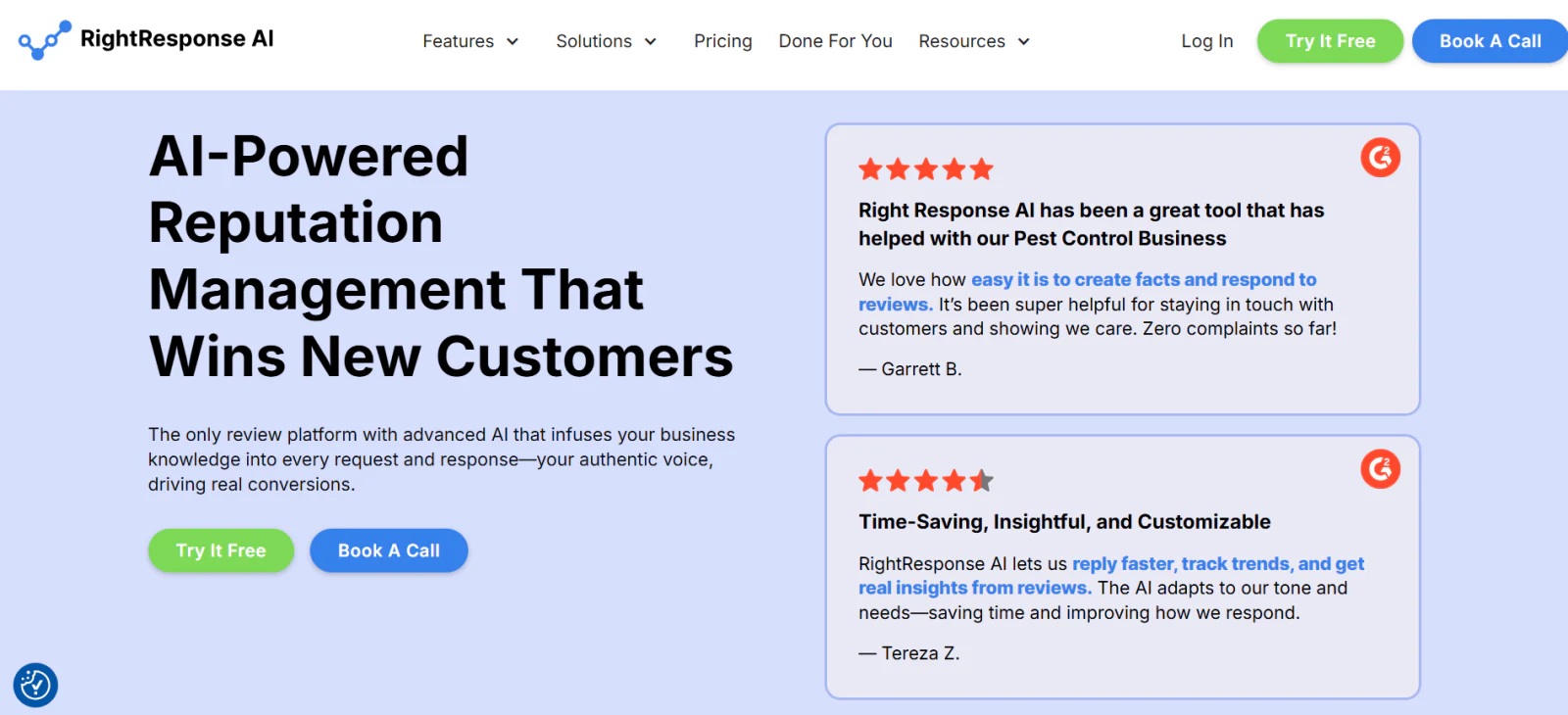 RightResponse AI homepage with an AI-powered reputation management headline, Try It Free and Book A Call buttons, and two G2 review cards.