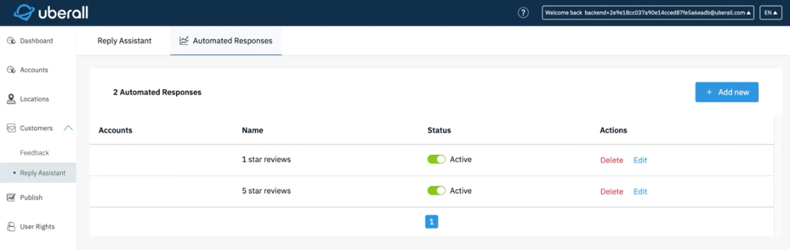 Uberall Reply Assistant listing active automated-response rules for 1-star and 5-star reviews, with Add new, Delete, and Edit controls.
