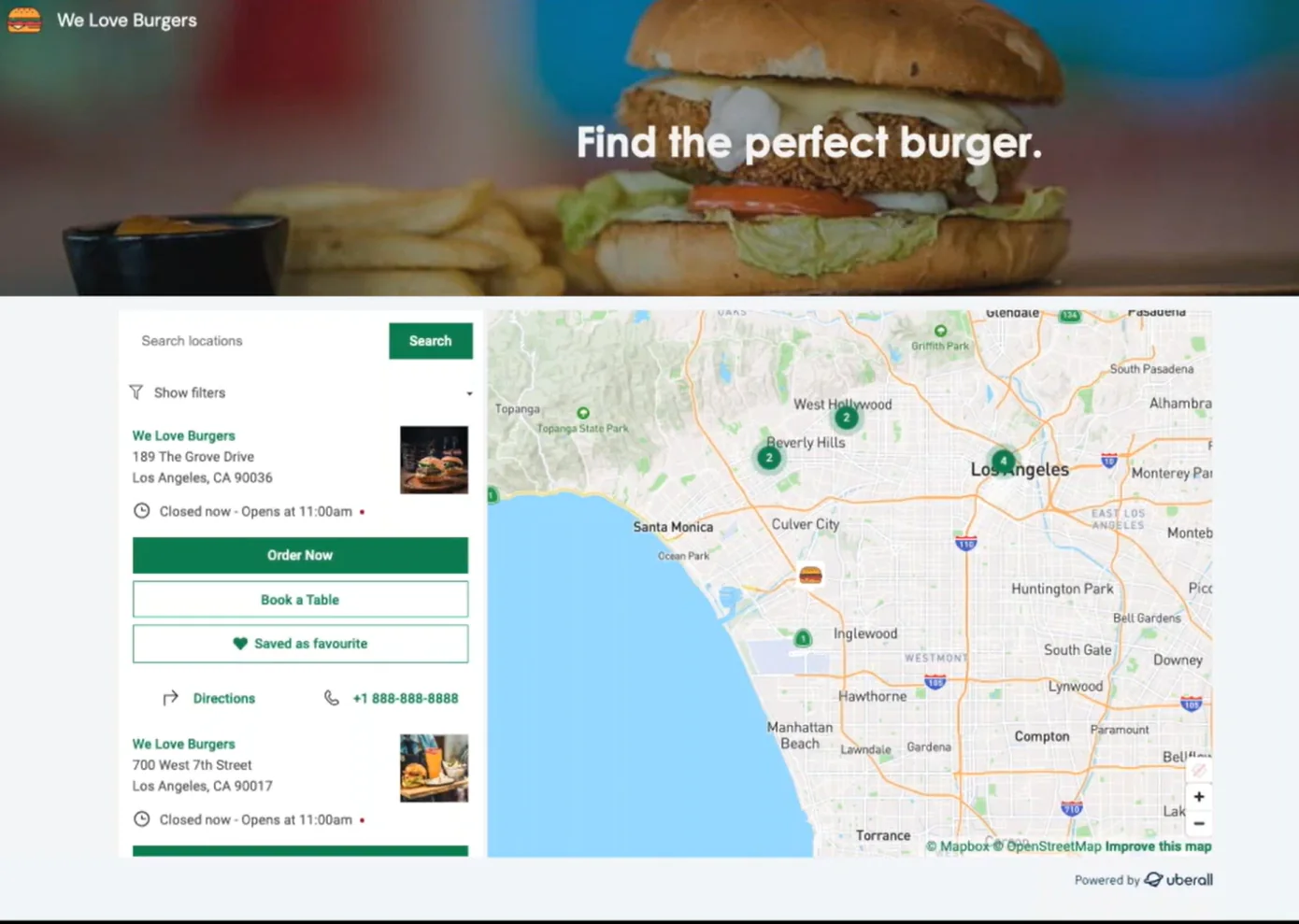 Uberall-powered We Love Burgers locator with search, location cards, ordering and booking buttons, and a map of Los Angeles locations.