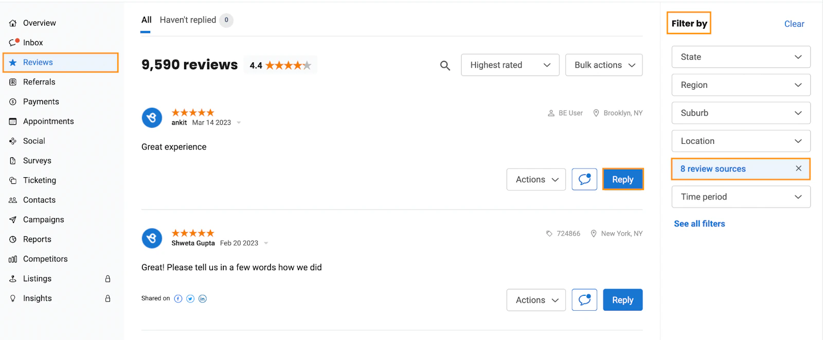 Birdeye Reviews screen showing 9,590 reviews, a 4.4 rating, reply controls, and filters for location, time period, and eight review sources.