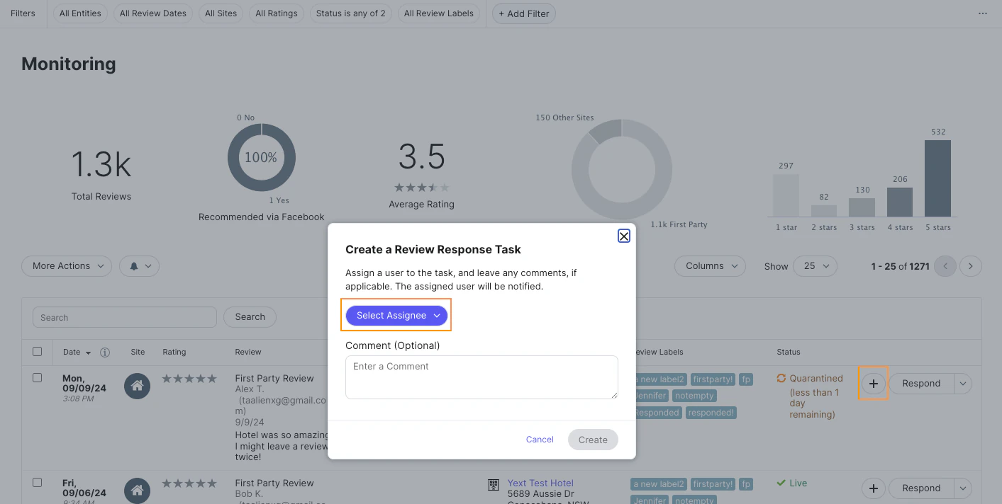 Yext Monitoring screen with a Create a Review Response Task dialog for selecting an assignee and adding an optional comment.