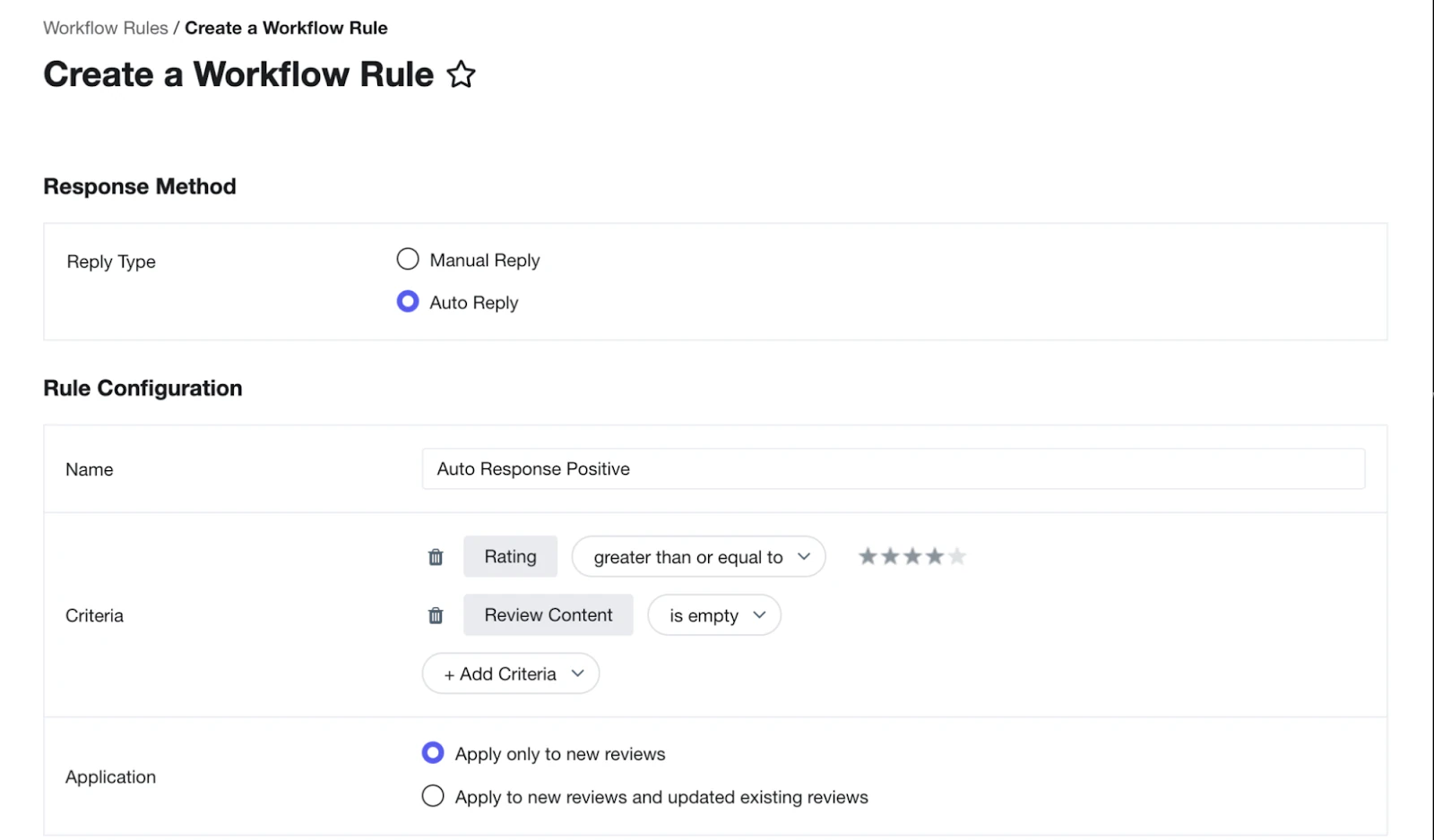 Create a Workflow Rule screen with Auto Reply selected, a four-star-or-higher rating criterion, empty review content, and application to new reviews only.