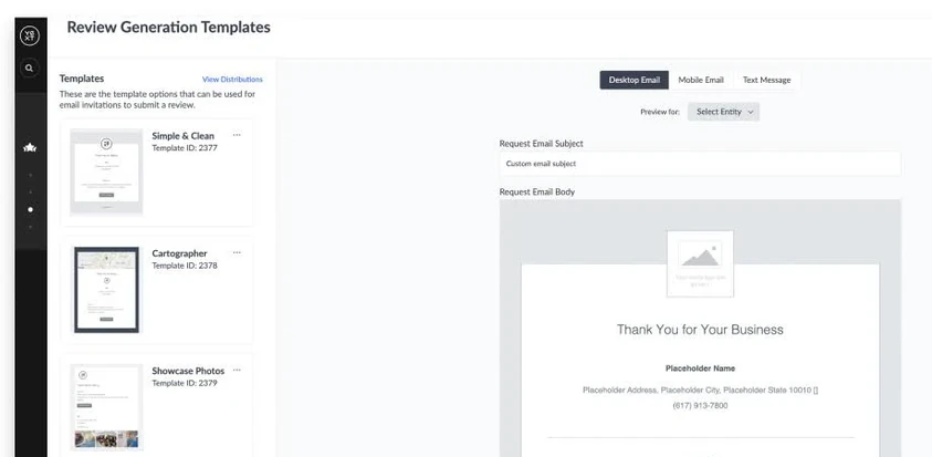 Yext Review Generation Templates editor with Simple & Clean, Cartographer, and Showcase Photos templates plus desktop email, mobile email, and text tabs.