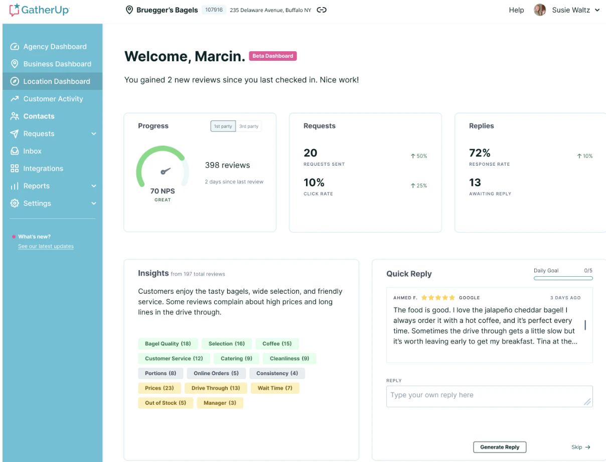 GatherUp dashboard for Bruegger’s Bagels showing 70 NPS, 398 reviews, 20 requests sent, a 72% response rate, review insights, and Quick Reply.