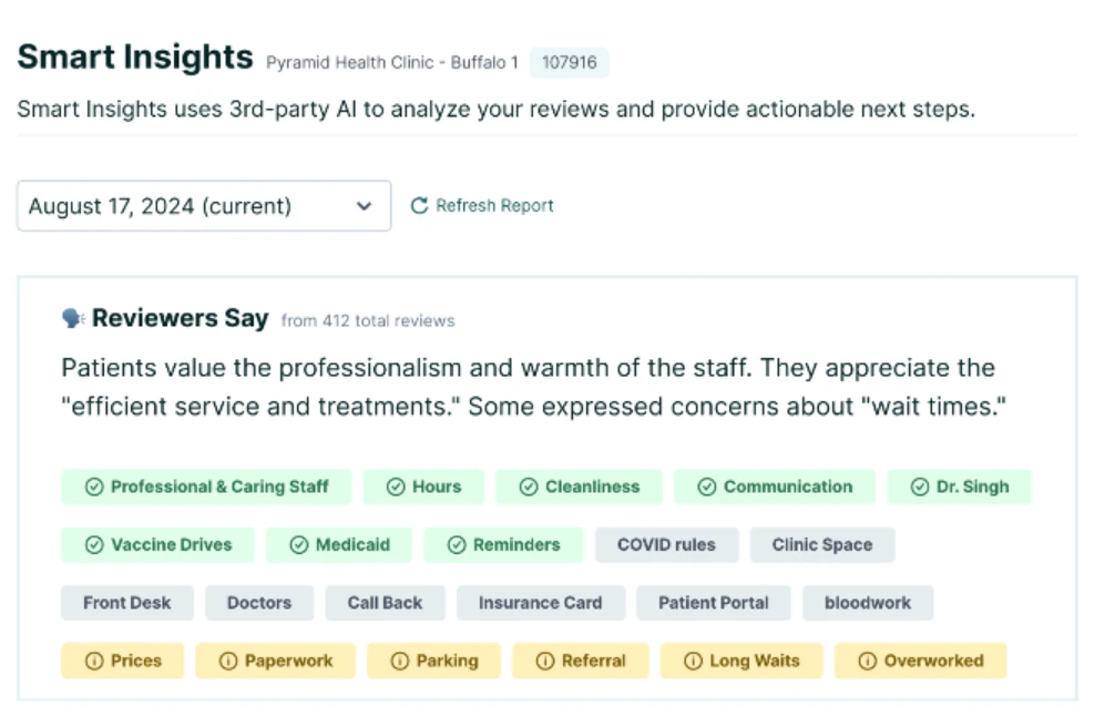 Smart Insights panel stating it uses third-party AI, with a summary of 412 reviews and positive, neutral, and concern topic tags.