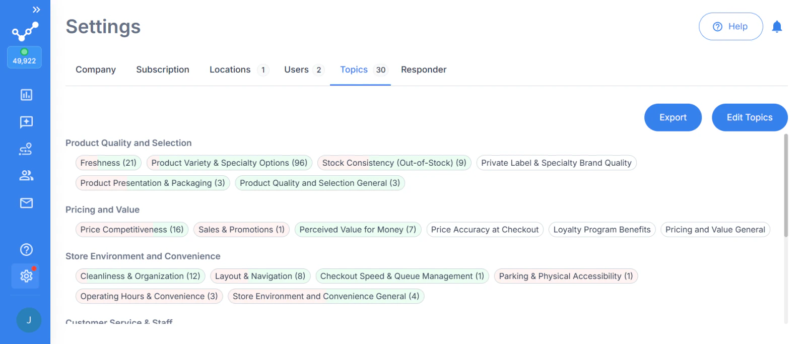 Topics settings screen listing review themes and counts, including Product Variety 96, Freshness 21, Price Competitiveness 16, and Cleanliness 12.