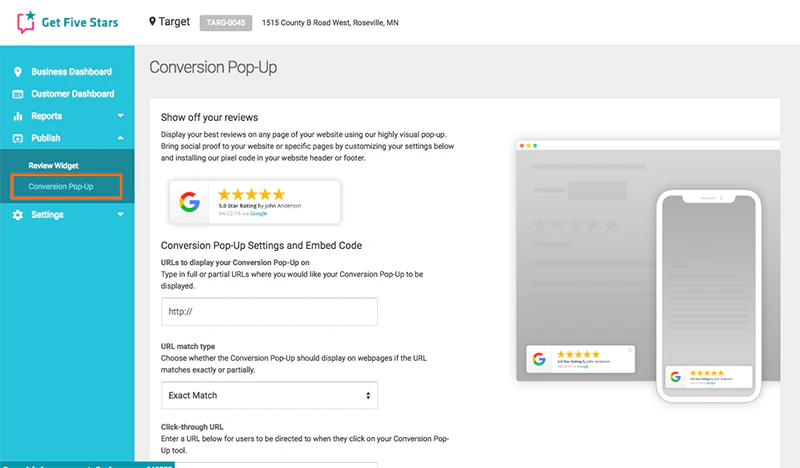 Get Five Stars Conversion Pop-Up editor with a Google review preview, URL targeting fields, and desktop and mobile widget mockups.