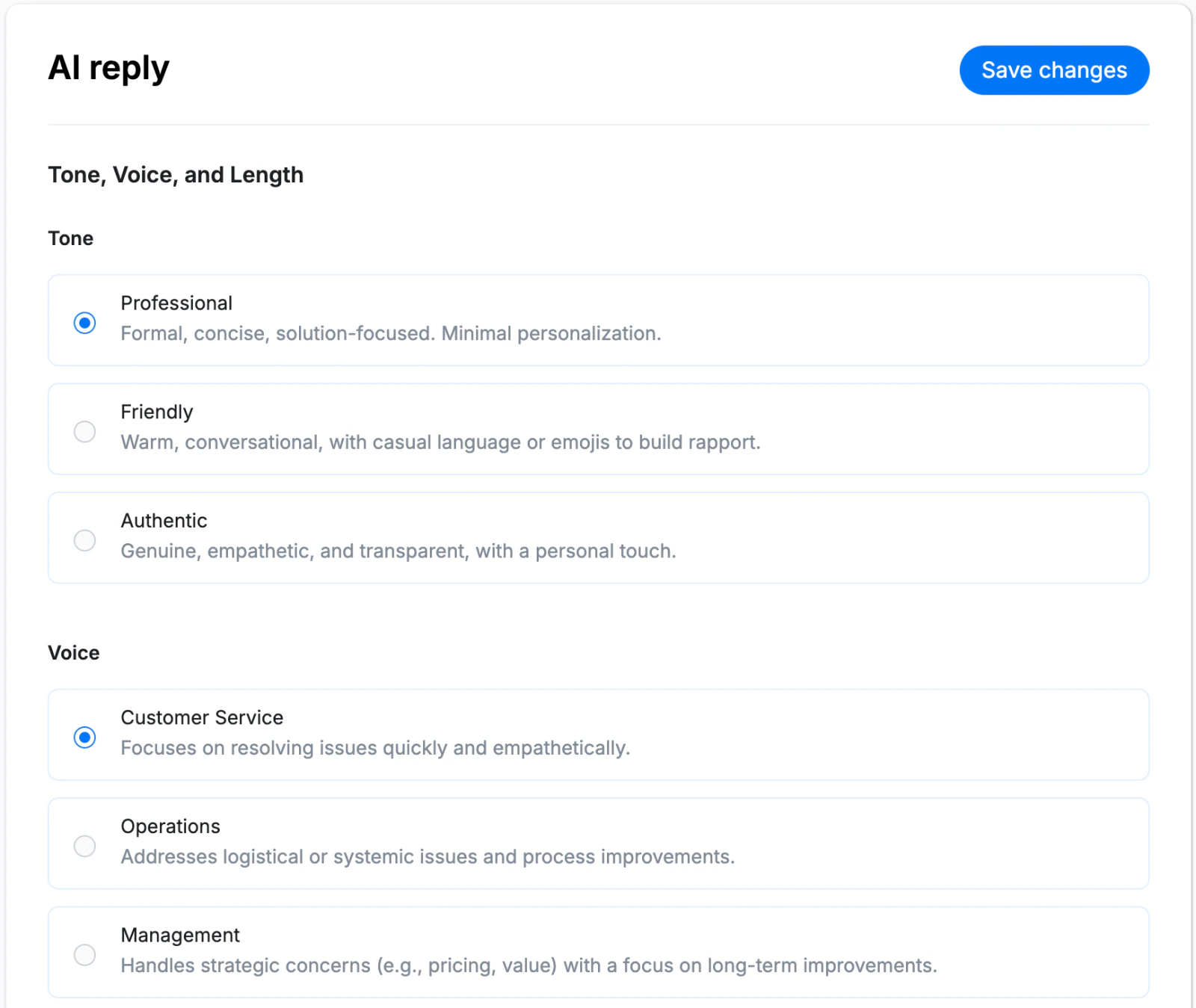 NiceJob AI reply settings with Professional tone selected and Customer Service voice selected, plus Friendly, Authentic, Operations, and Management options.