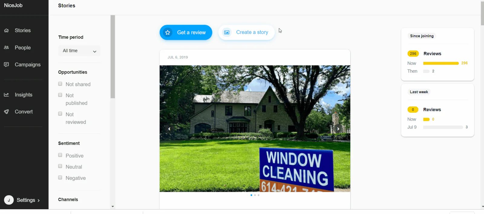 NiceJob Stories dashboard with Get a review and Create a story buttons, a customer photo, filters, and review totals of 296 overall and 0 last week.