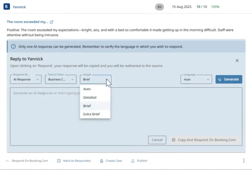 ReviewPro reply editor for a Booking.com review, with AI Response mode, tone, Auto language, and length options from Auto to Extra Brief.