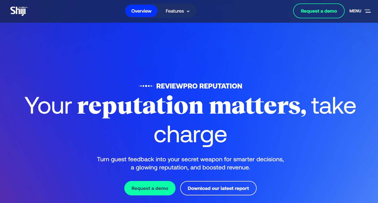 Shiji ReviewPro Reputation landing page with “Your reputation matters, take charge,” demo and report buttons, and Overview and Features navigation.