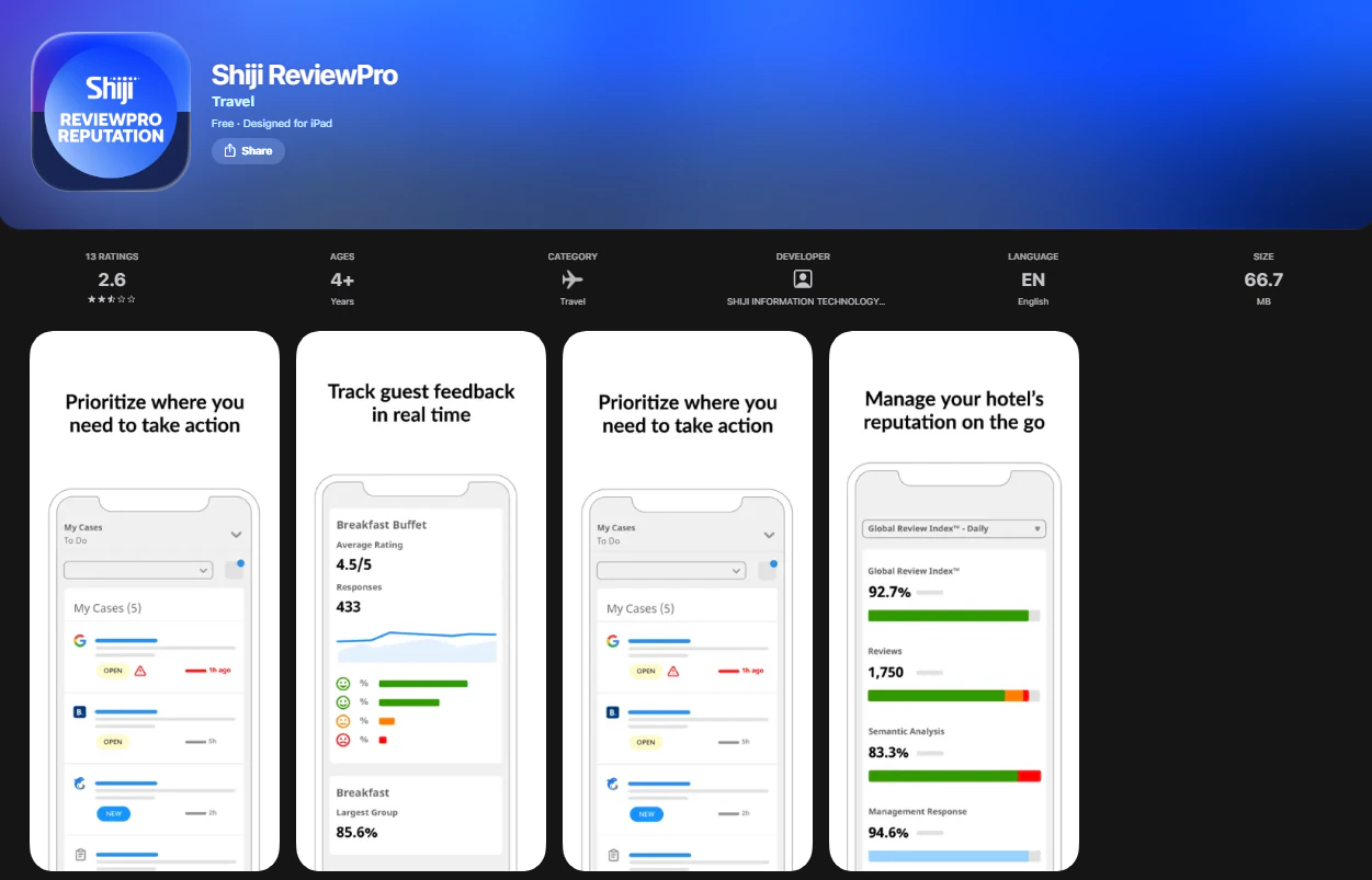 Apple App Store page for Shiji ReviewPro, rated 2.6 from 13 ratings, with iPad previews for cases, feedback tracking, and hotel reputation metrics.