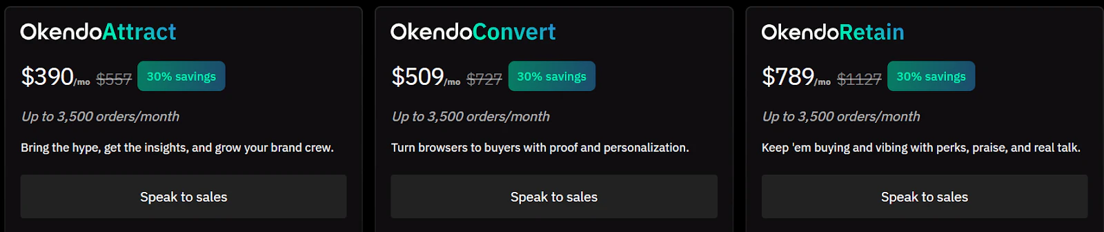 Okendo pricing cards for Attract, Convert, and Retain plans