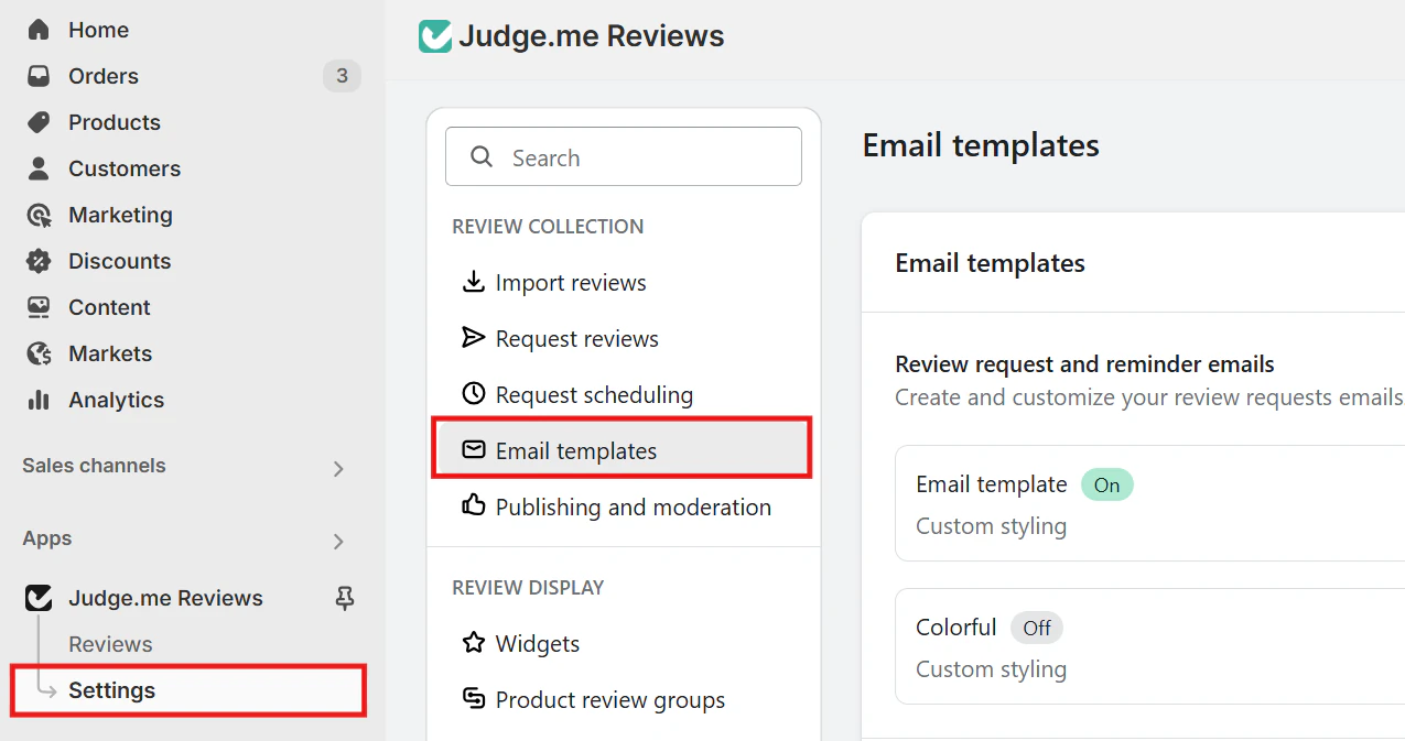 Judge.me settings menu with email templates selected