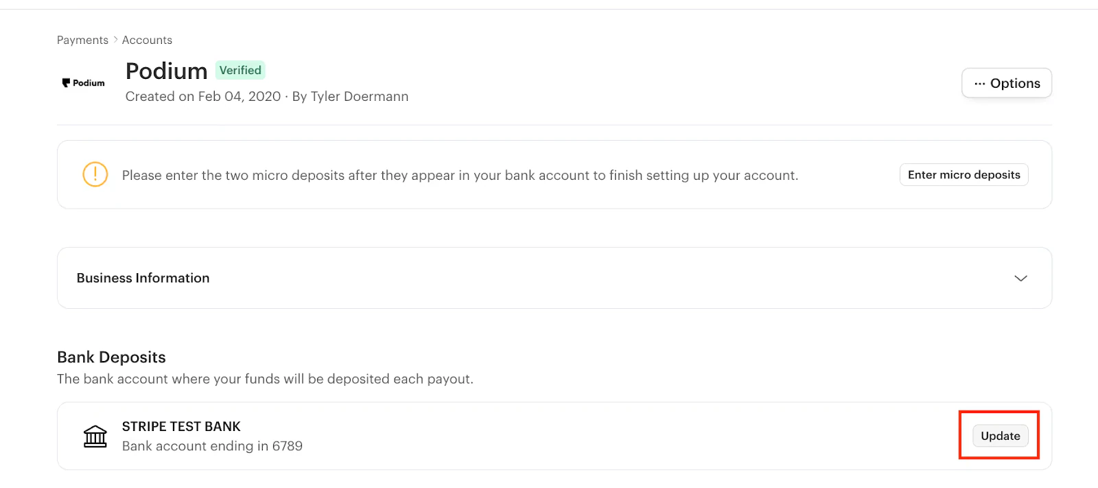Podium bank deposit settings with a Stripe test bank connection