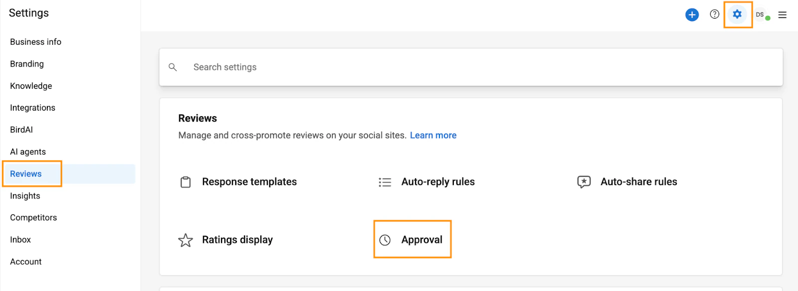 Birdeye review settings showing response templates, auto-reply rules, and approval controls