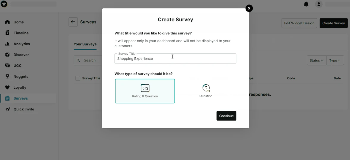 REVIEWS.io dialog for creating a customer survey