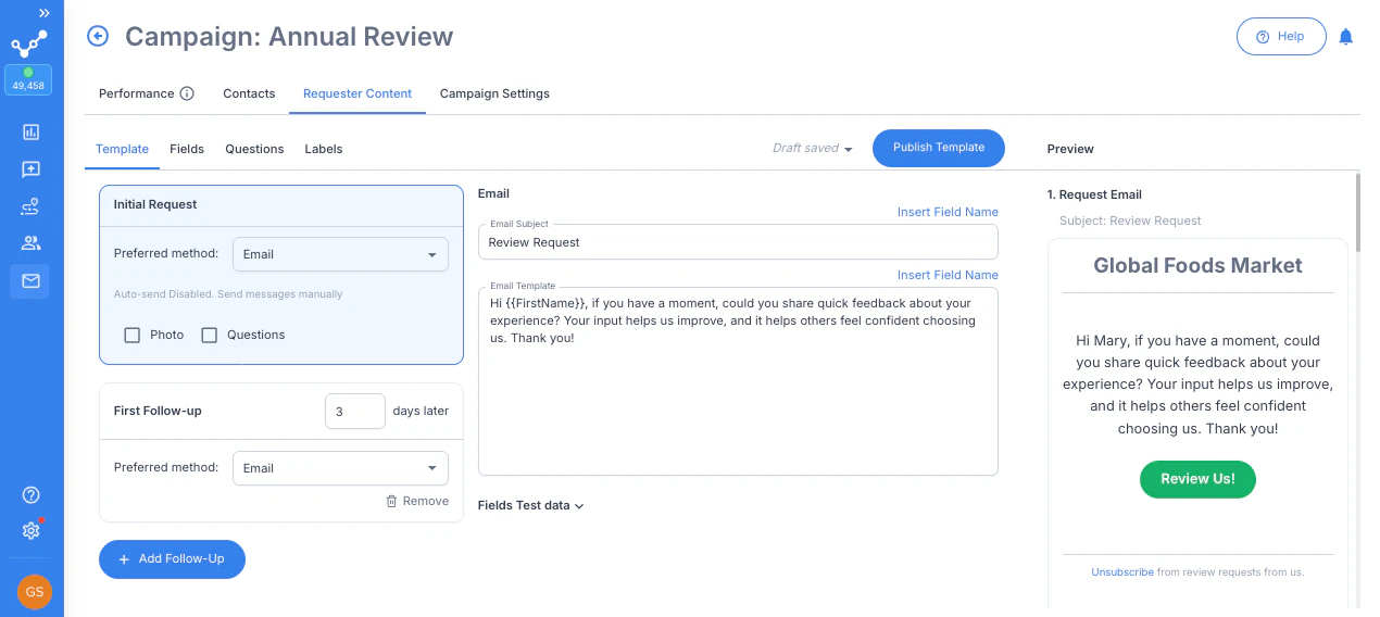 RightResponse AI annual review request campaign editor with audience, email, and preview controls