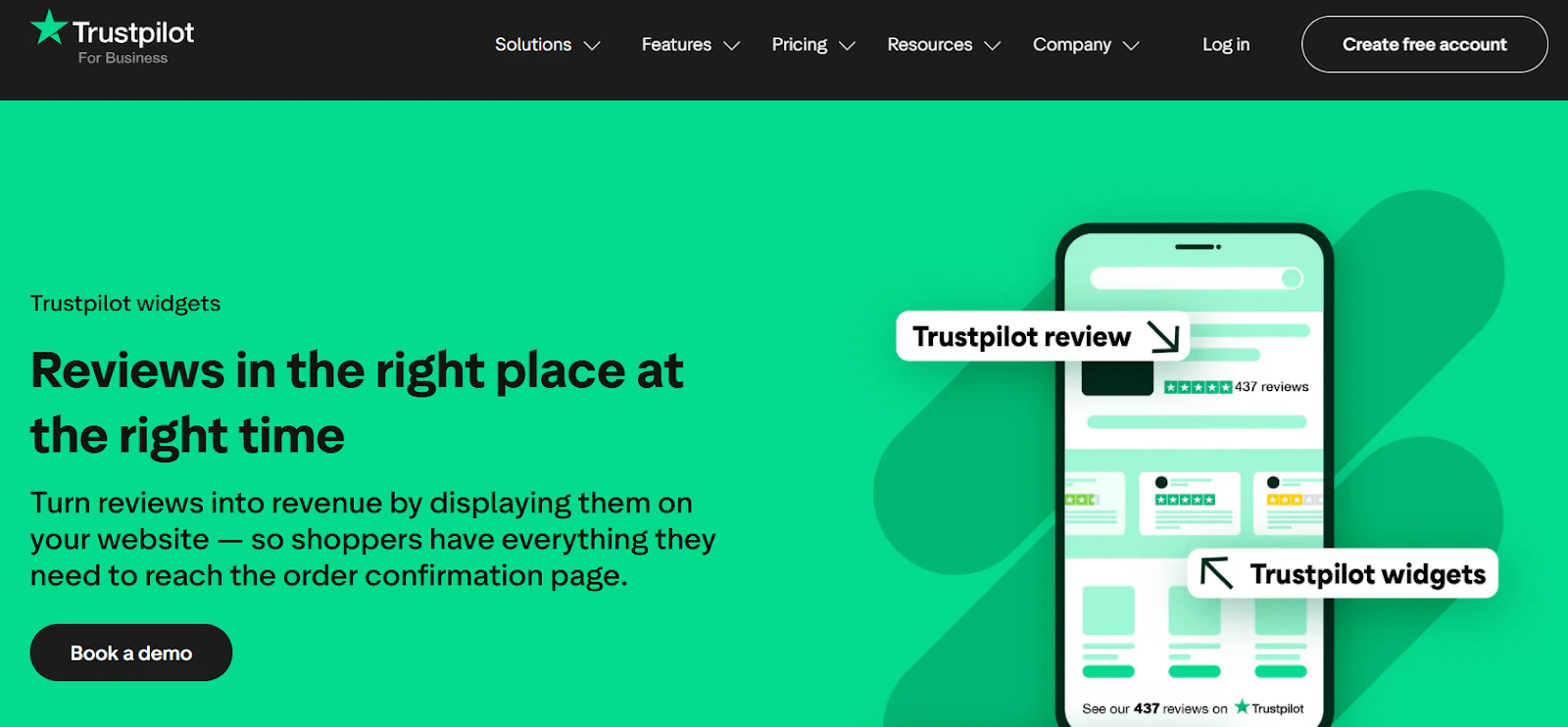 Trustpilot review widgets page showing an embedded review carousel