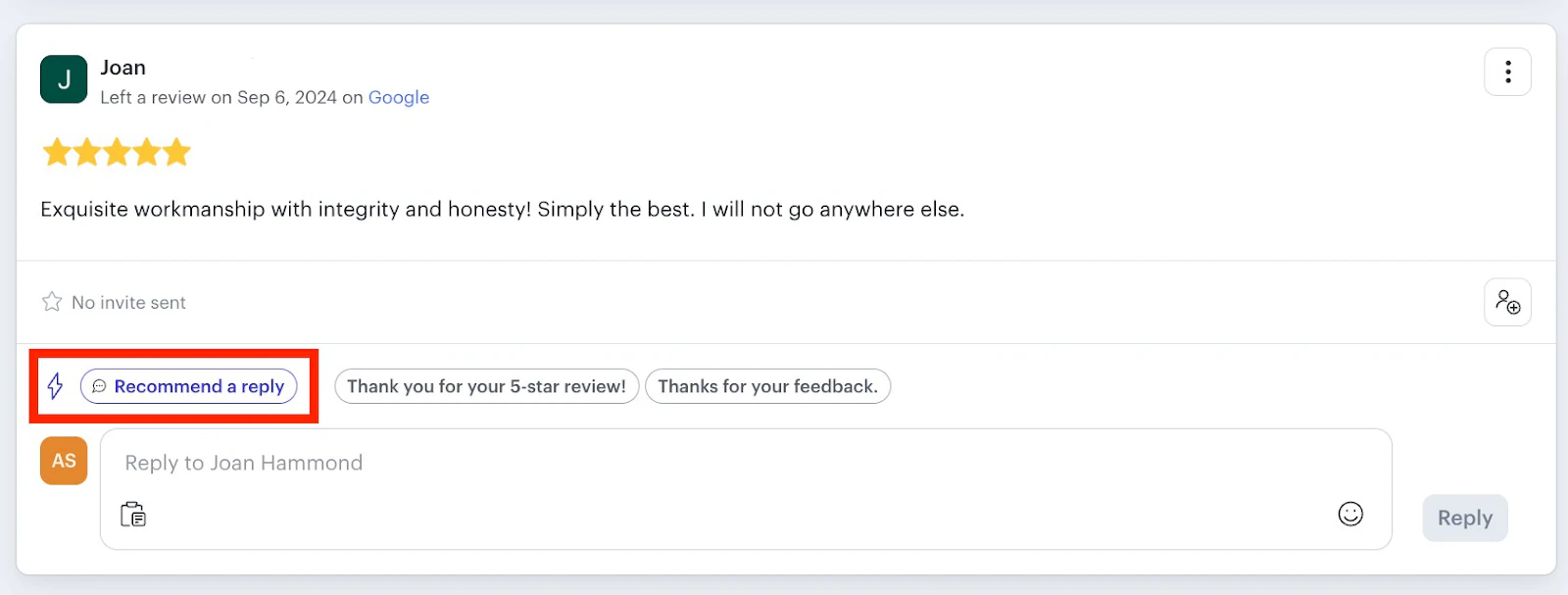 Podium review reply with the Recommend a reply control highlighted