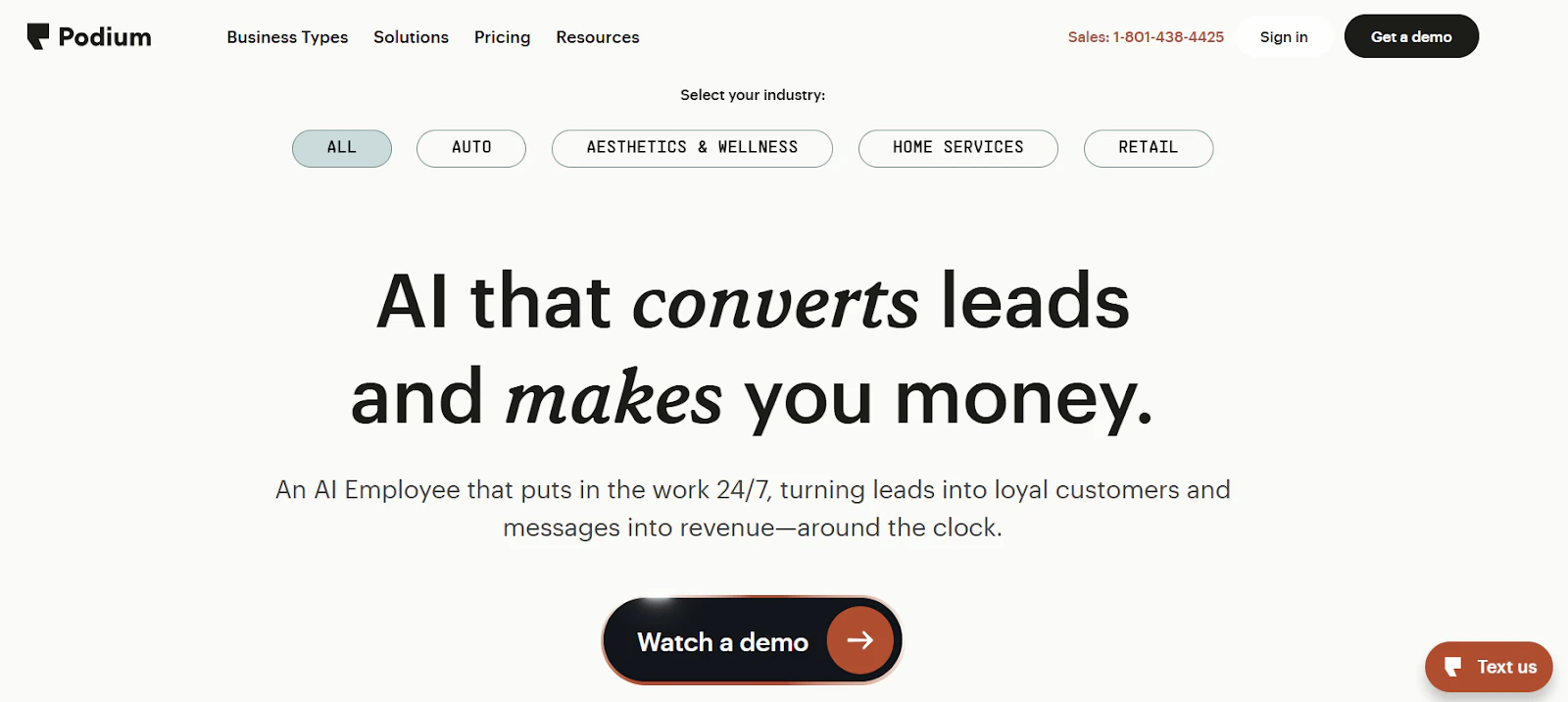 Podium homepage promoting AI that converts leads and supports customer messaging