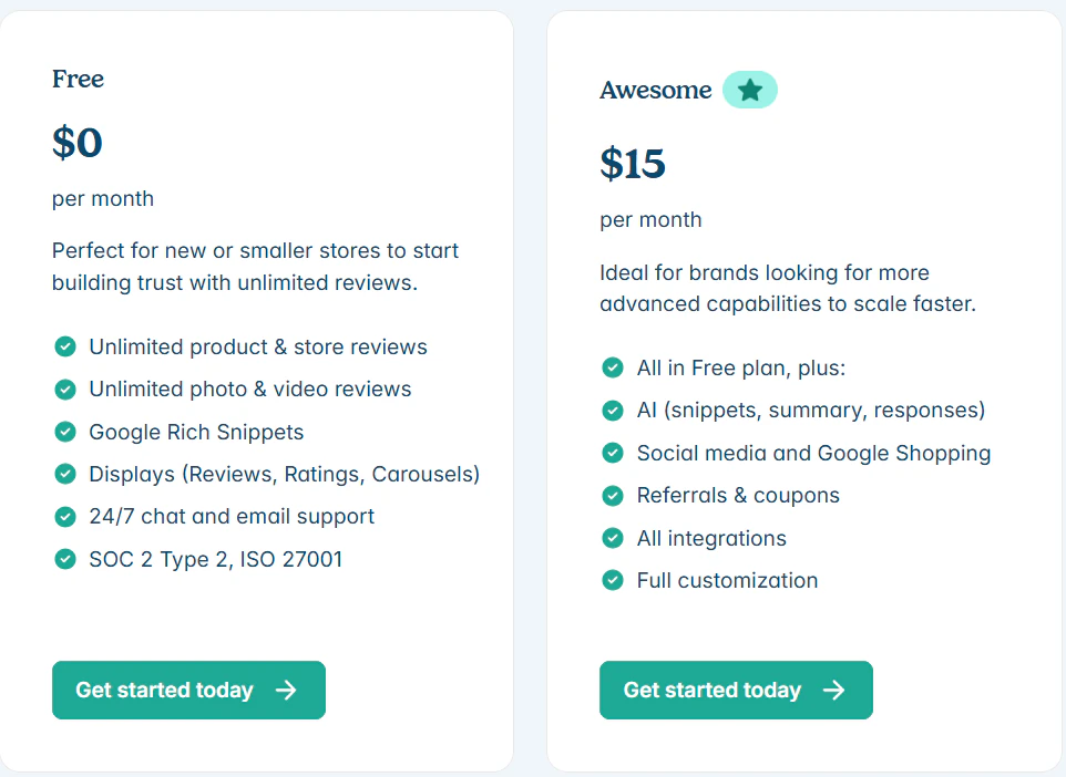 Judge.me Free and Awesome plan comparison