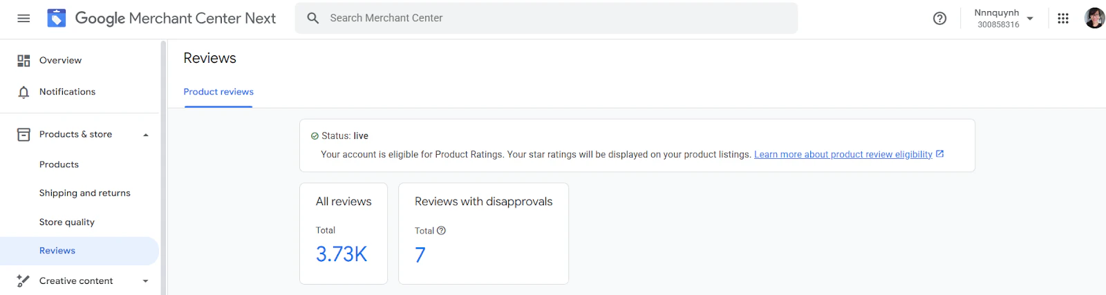 Google Merchant Center review overview connected to Judge.me