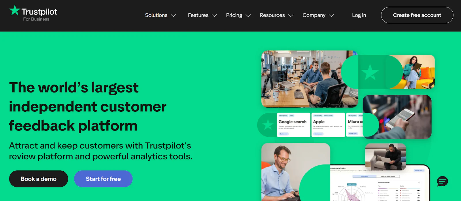 Trustpilot homepage describing its customer feedback platform and analytics tools