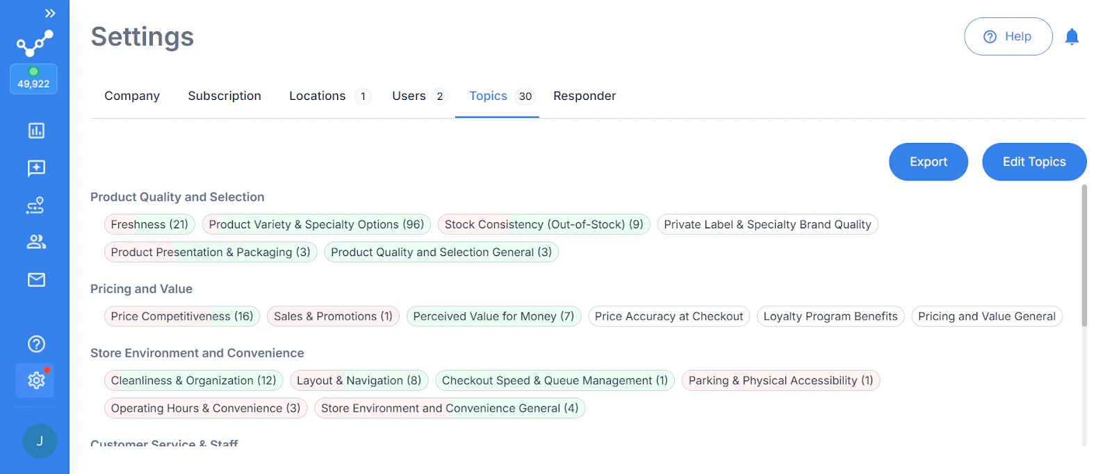RightResponse AI settings for customizing sentiment analysis categories and topics