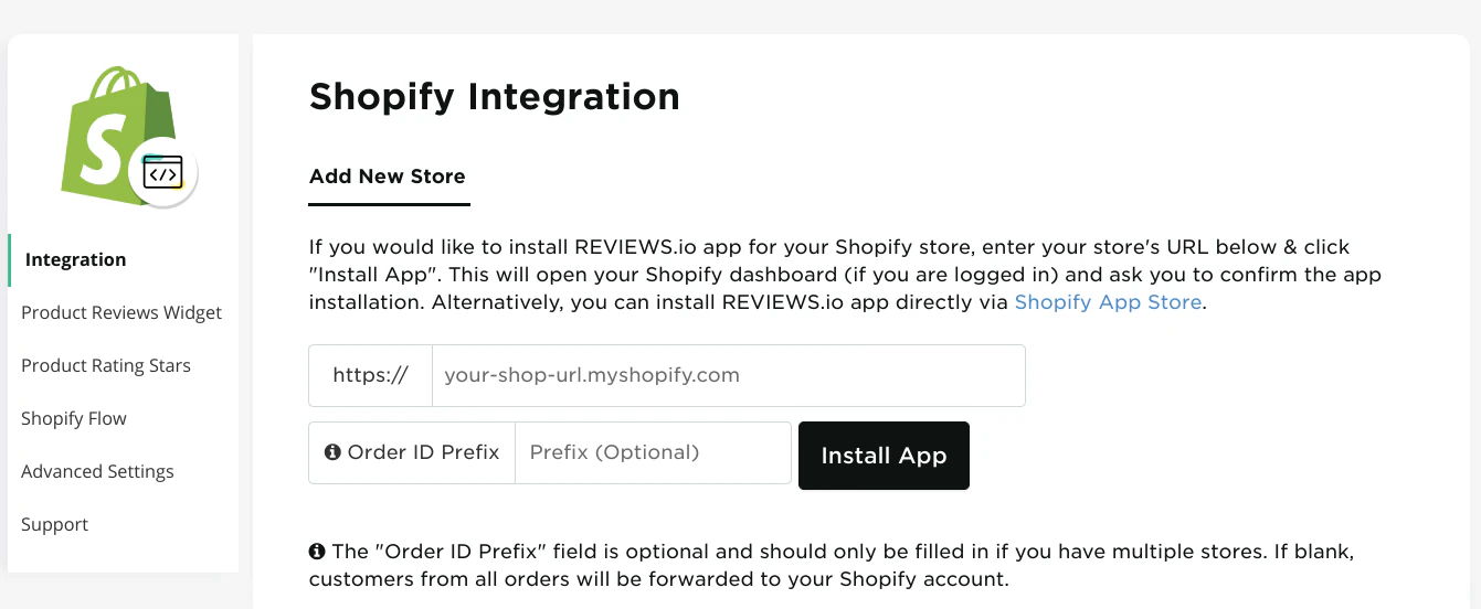REVIEWS.io Shopify integration page showing commerce integration setup