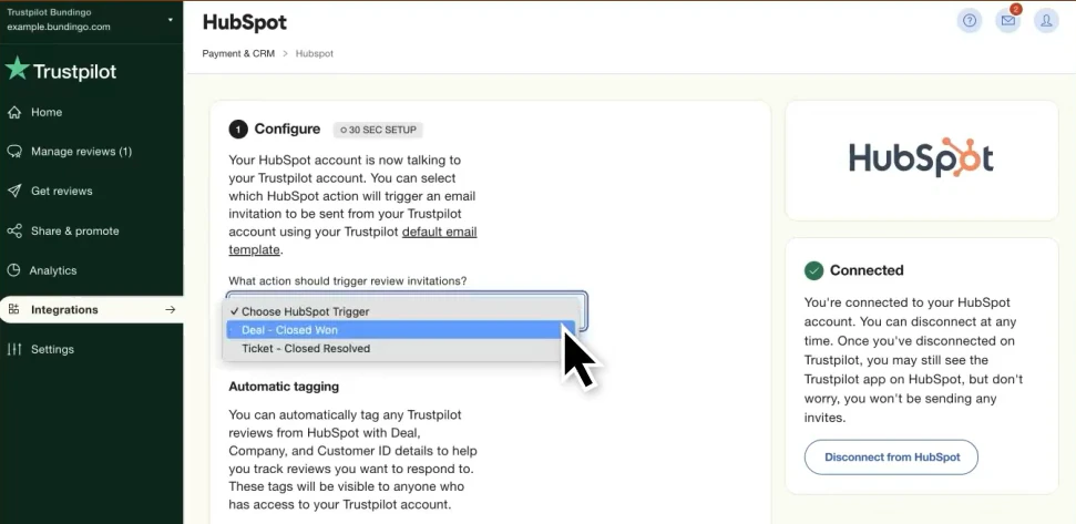Trustpilot HubSpot integration screen showing configuration options
