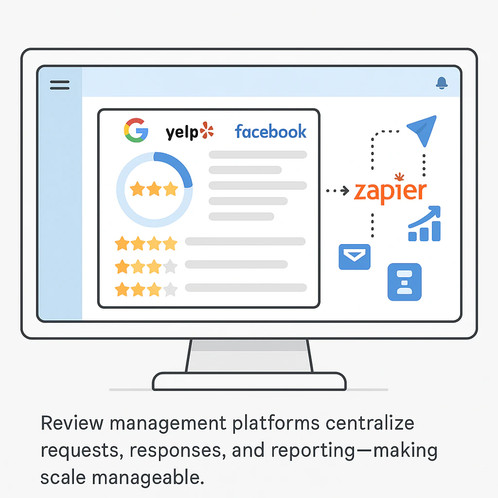 Software dashboard integrating review requests, responses, analysis, and automation