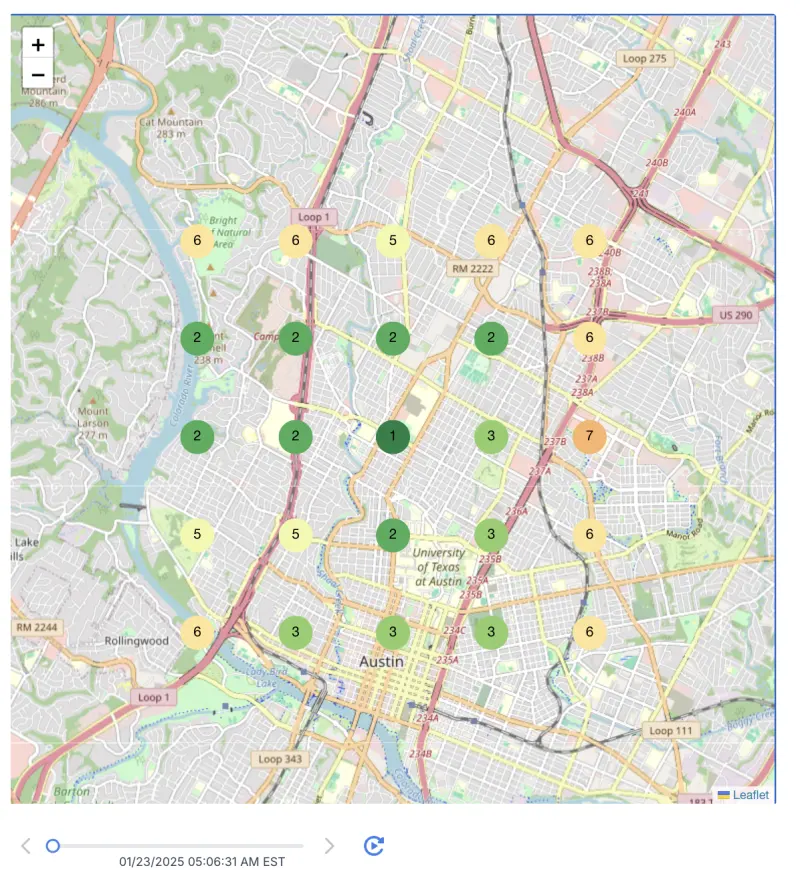 Heat grid showing Google Maps rank positions across a service area