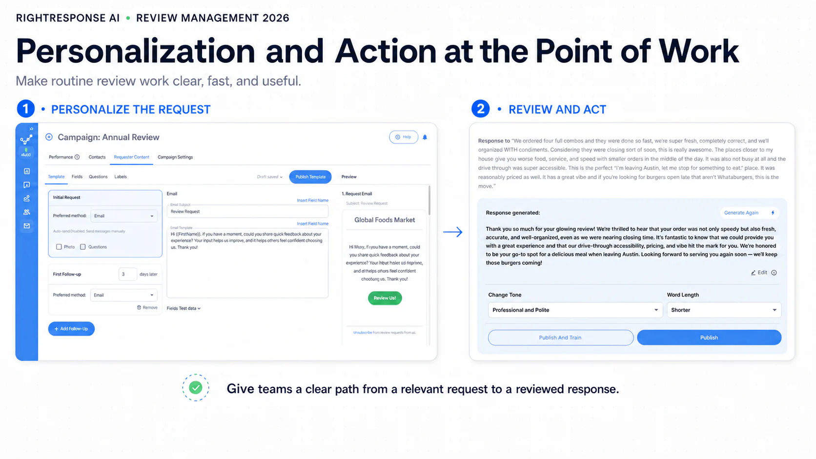 RightResponse AI workflow showing a personalized review request and a manager reviewing and publishing a response