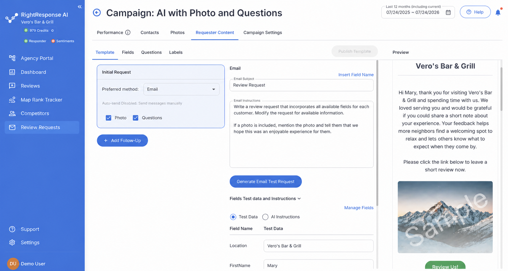 RightResponse AI review request campaign using a photo, neutral questions, and customer context for Vero's Bar and Grill
