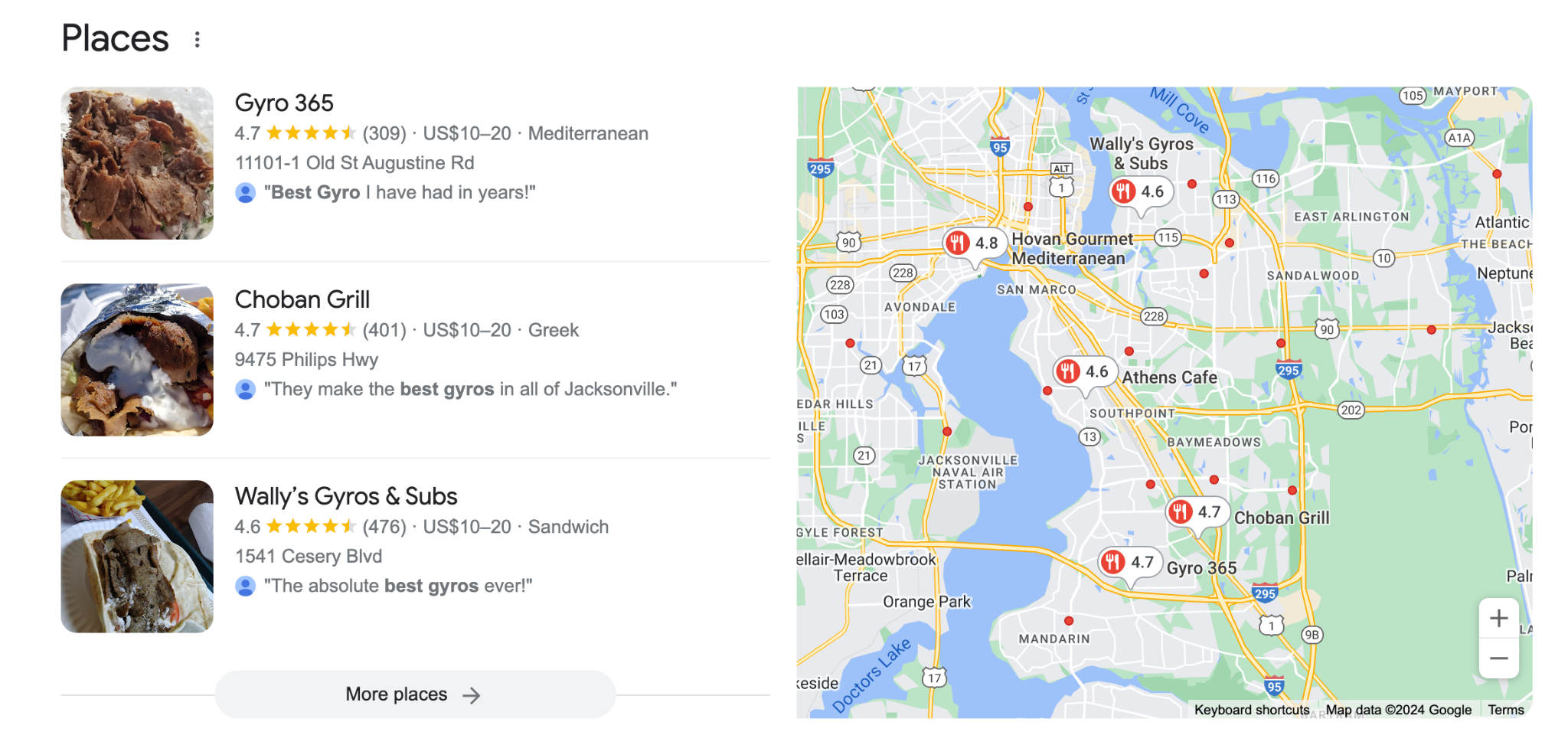 Google local Map Pack for the search best gyros in Jacksonville, Florida.