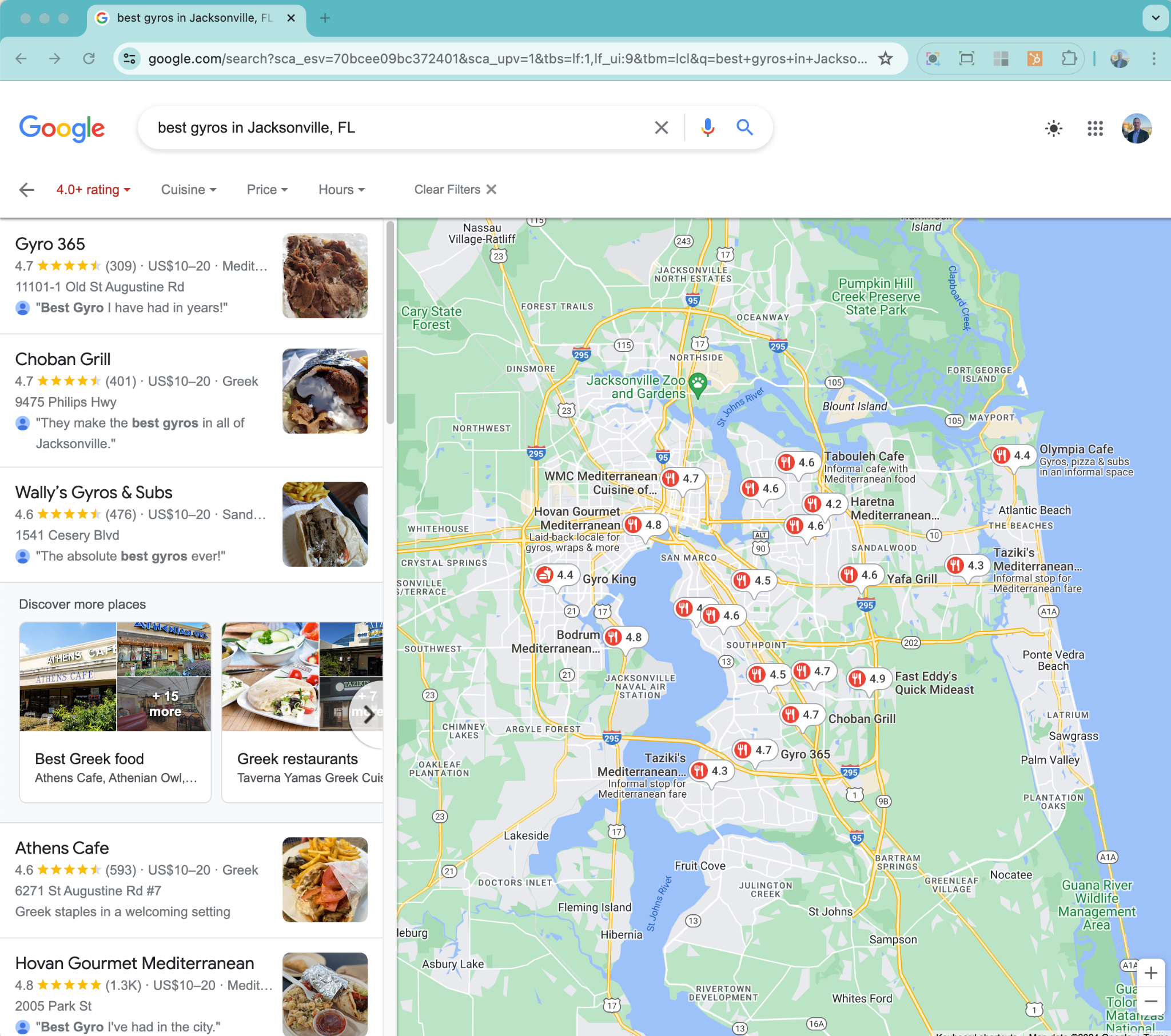 Google Local Finder results for the search best gyros in Jacksonville, Florida.