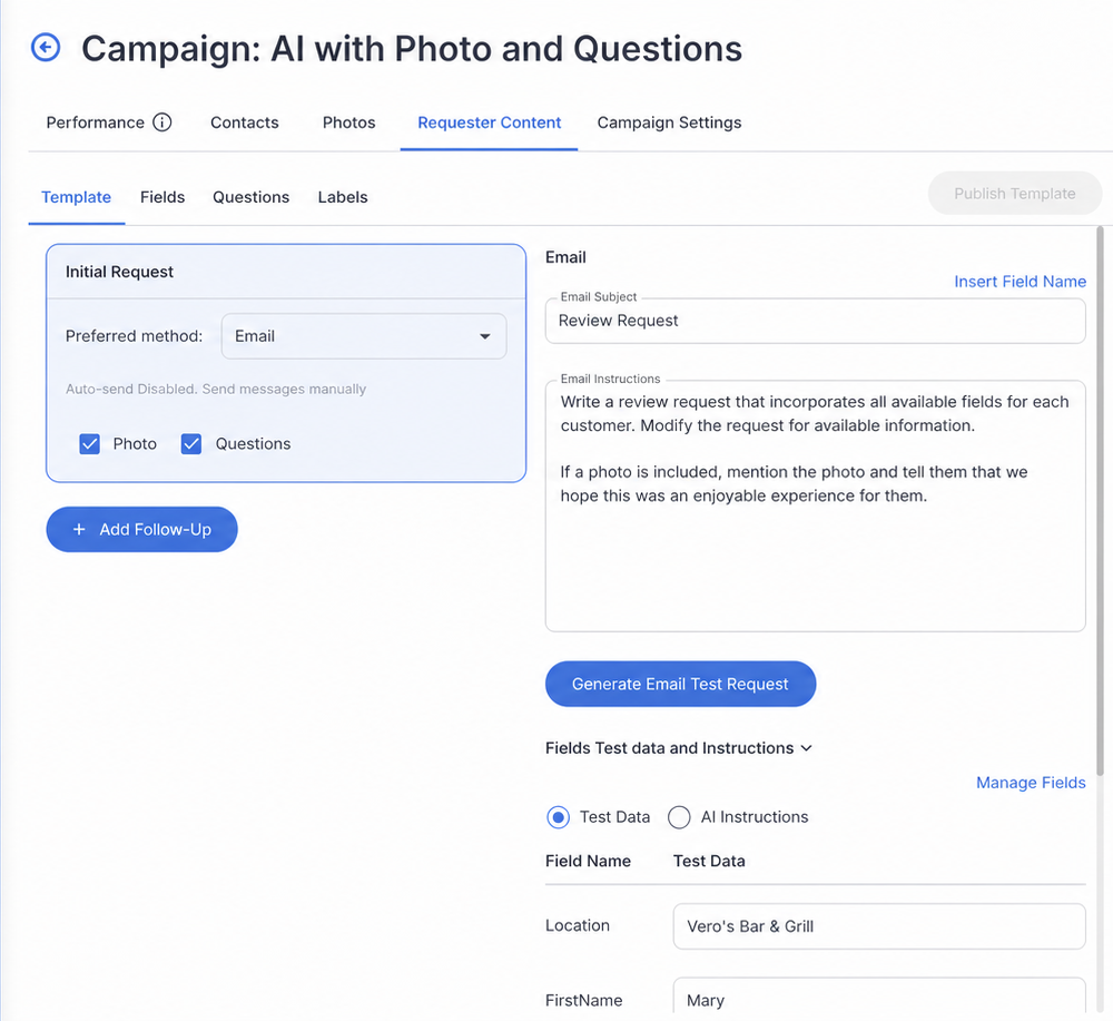 RightResponse AI Review Requester Profile configured for AI, email, a photo, neutral questions, reusable fields, and test instructions