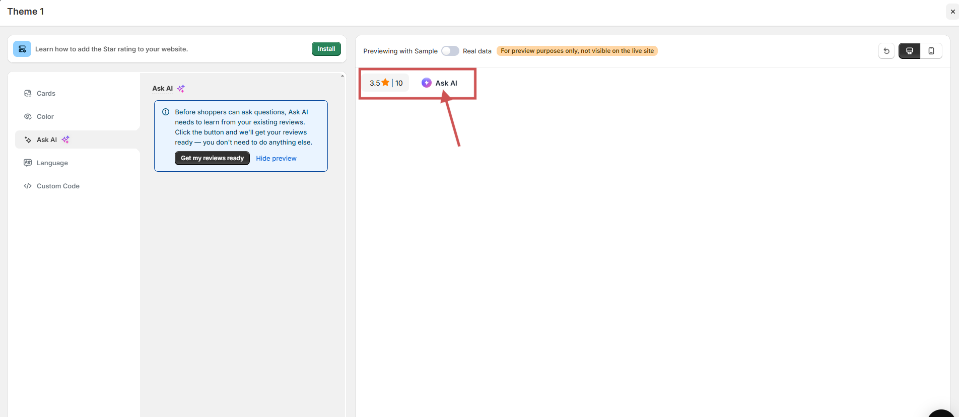 WiserReview Ask AI shown beside product review stars on an ecommerce product page.